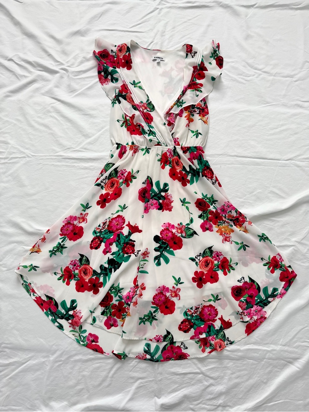 Express White Floral Surplice Dress | Flutter Sleeves | Small